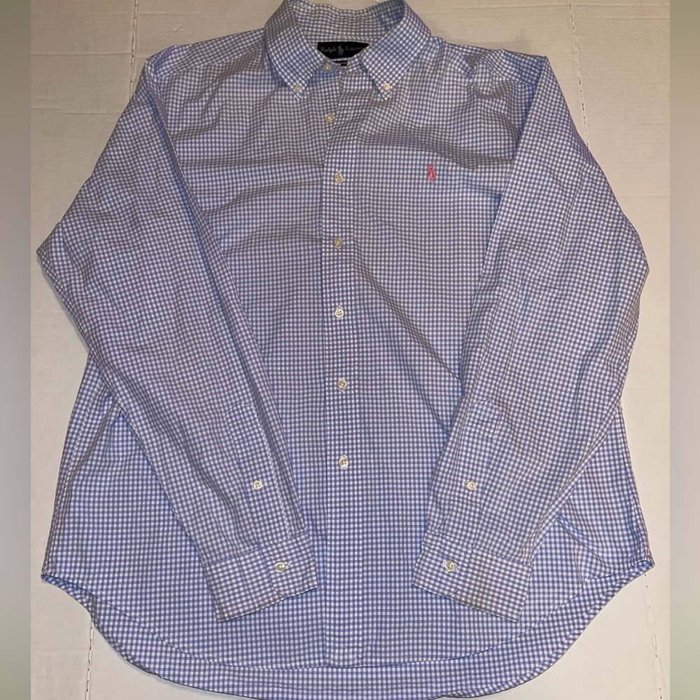 Men’s Ralph Lauren Blue White Gingham Button Down Classic Fit Shirt Size XL